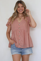 Mitzy Top - Textured Button Down Top with Cap Sleeves in Blush