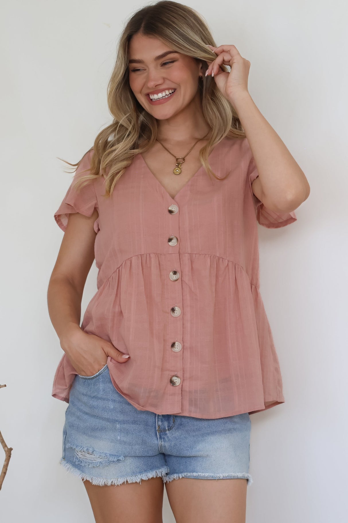 Mitzy Top - Textured Button Down Top with Cap Sleeves in Blush