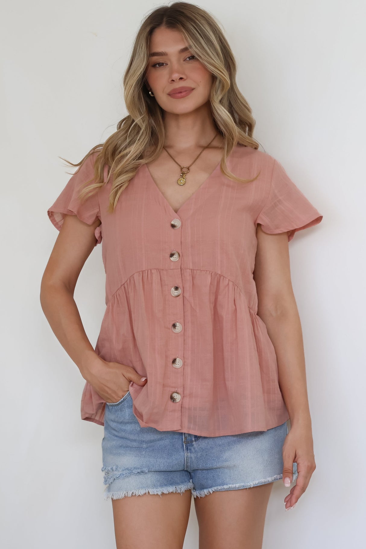 Mitzy Top - Textured Button Down Top with Cap Sleeves in Blush