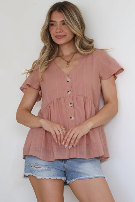 Mitzy Top - Textured Button Down Top with Cap Sleeves in Blush