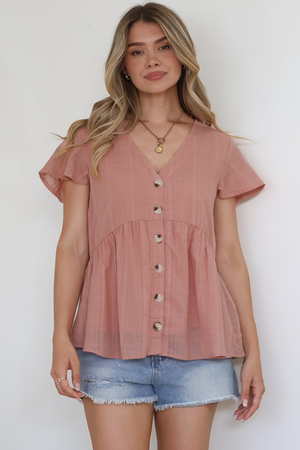 Mitzy Top - Textured Button Down Top with Cap Sleeves in Blush