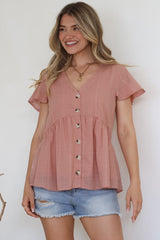 Mitzy Top - Textured Button Down Top with Cap Sleeves in Blush