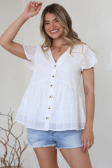 Mitzy Top - Textured Button Down Top with Cap Sleeves in White