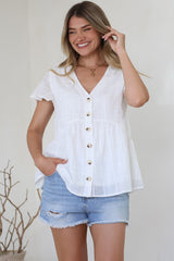 Mitzy Top - Textured Button Down Top with Cap Sleeves in White
