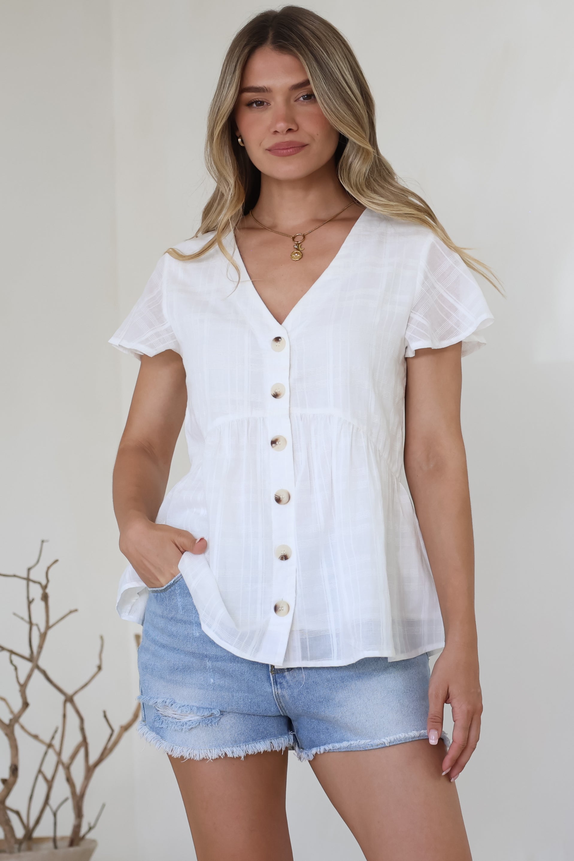 Mitzy Top Textured Button Down Top Cap Sleeves