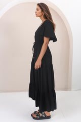 Anya Maxi Dress - Flutter Cap Sleeve Pull Tie Waist Dress in Black