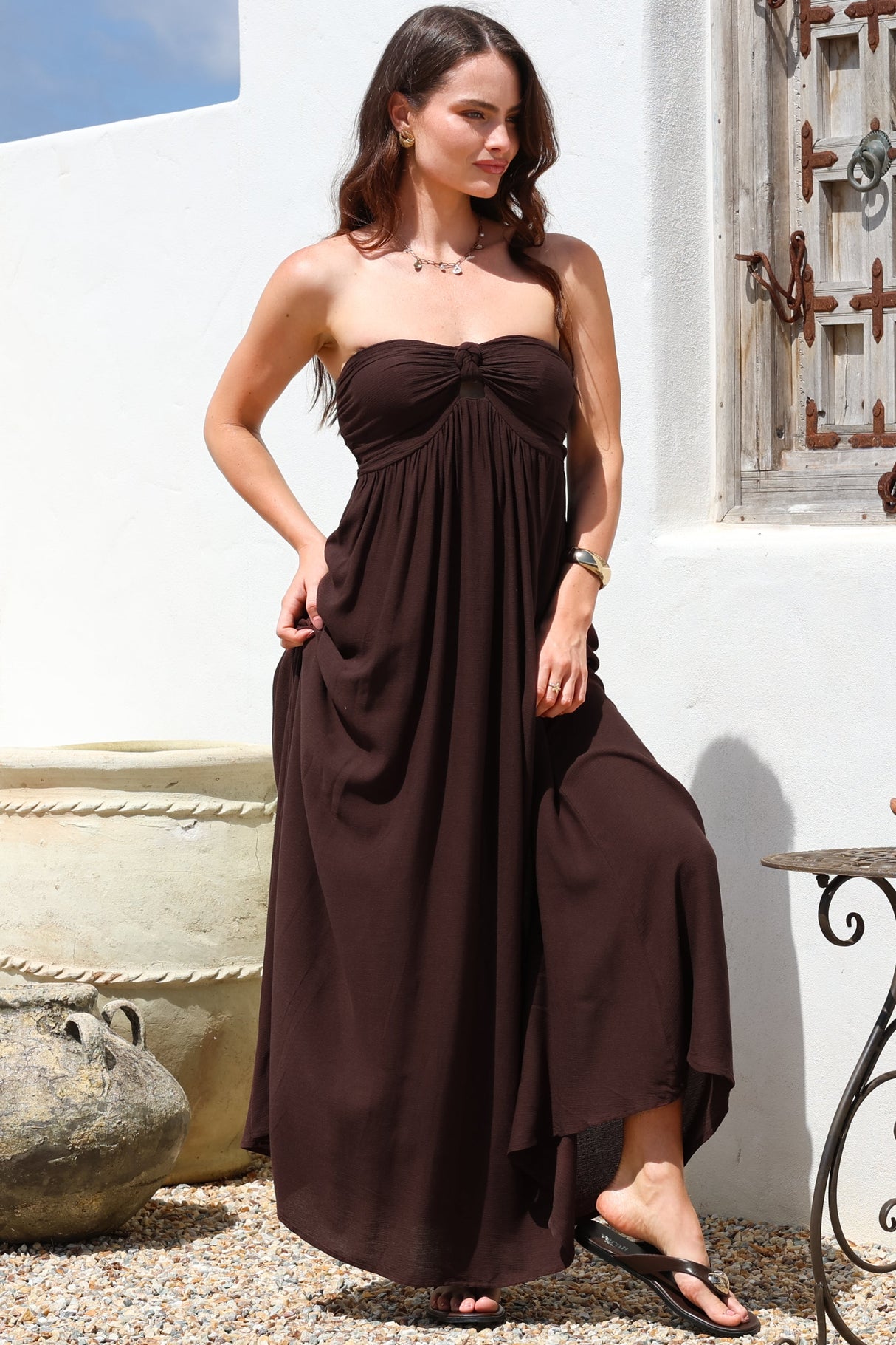 Moira Maxi Dress - Twist Front Keyhole Detail Sun Dress with Optional Straps in Chocolate