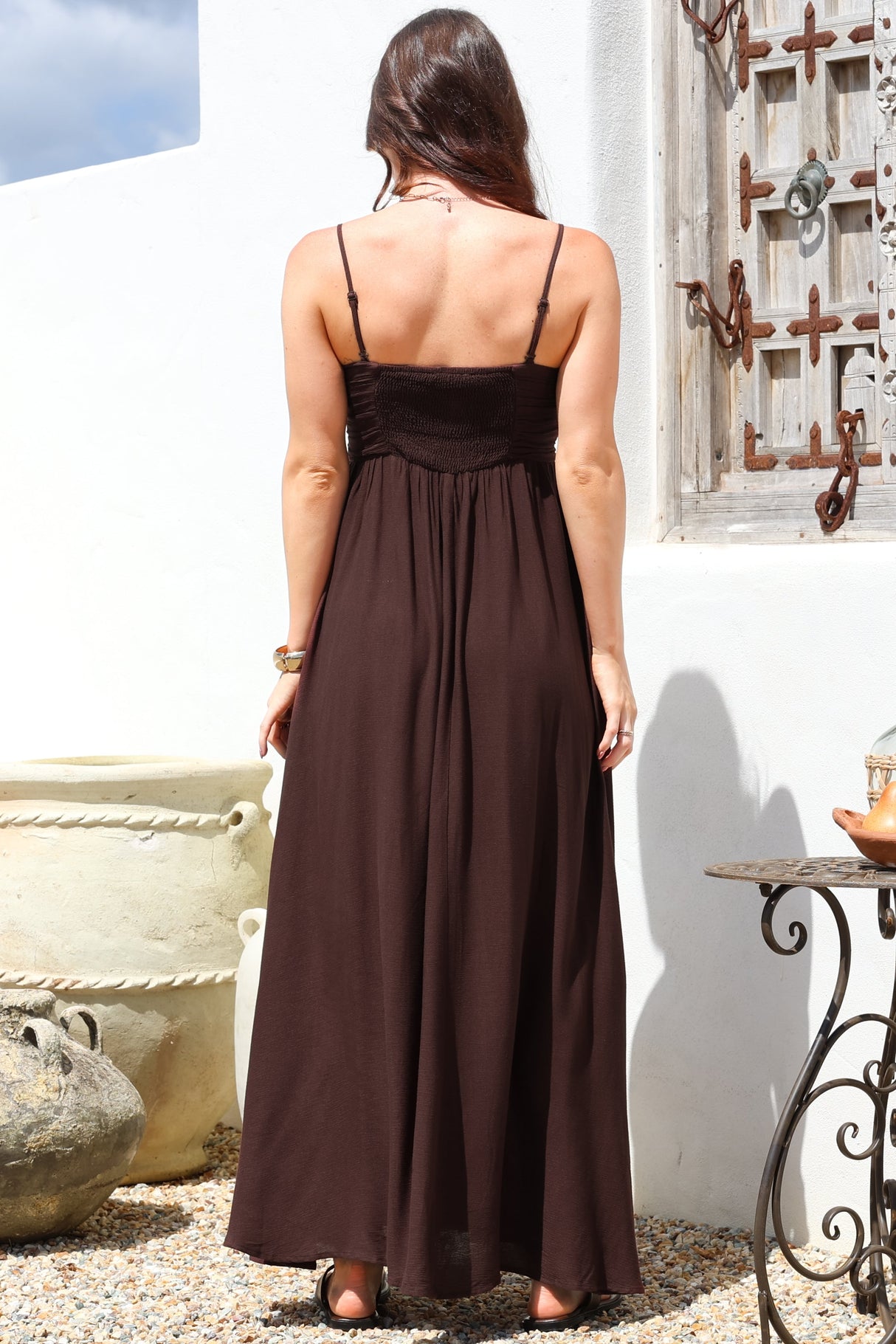 Moira Maxi Dress - Twist Front Keyhole Detail Sun Dress with Optional Straps in Chocolate