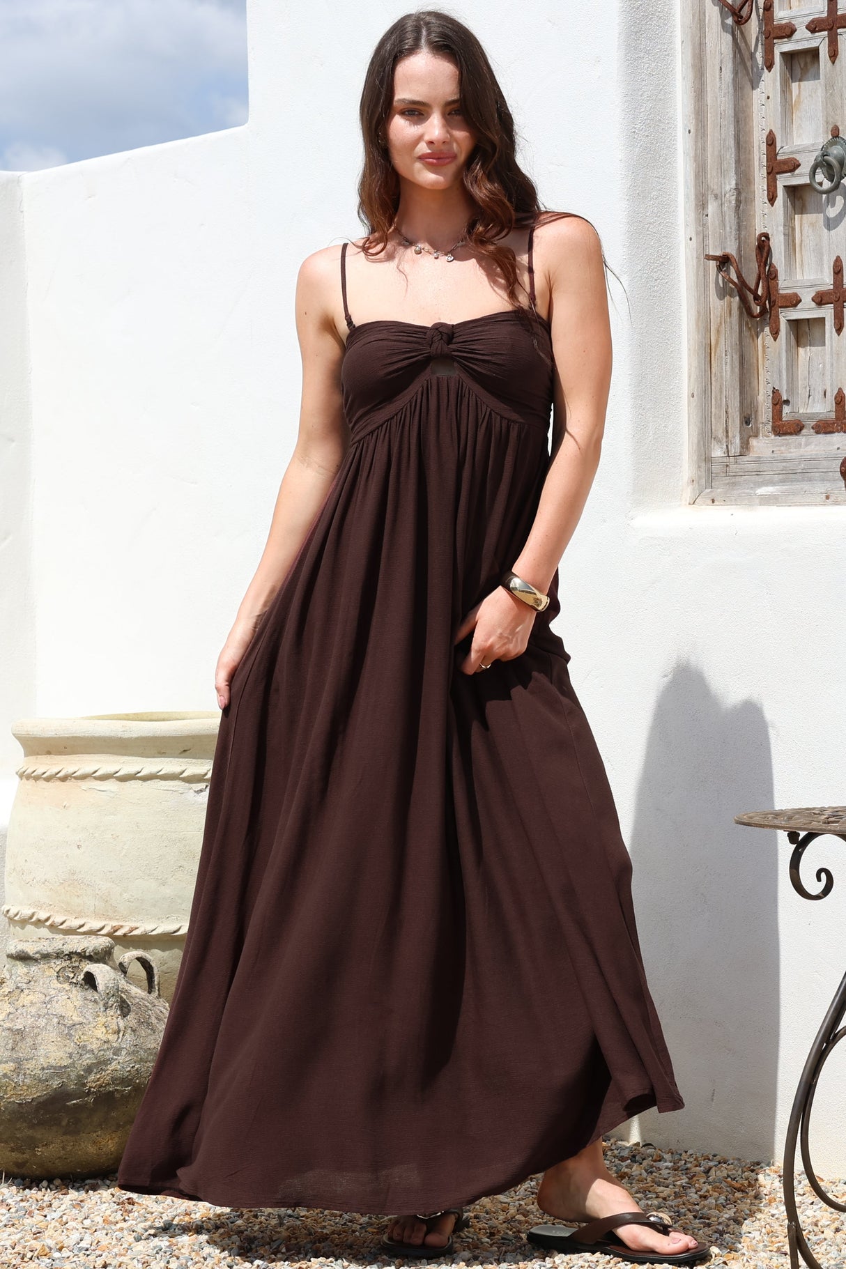Moira Maxi Dress - Twist Front Keyhole Detail Sun Dress with Optional Straps in Chocolate