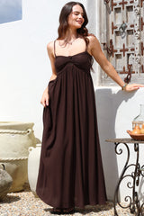 Moira Maxi Dress - Twist Front Keyhole Detail Sun Dress with Optional Straps in Chocolate