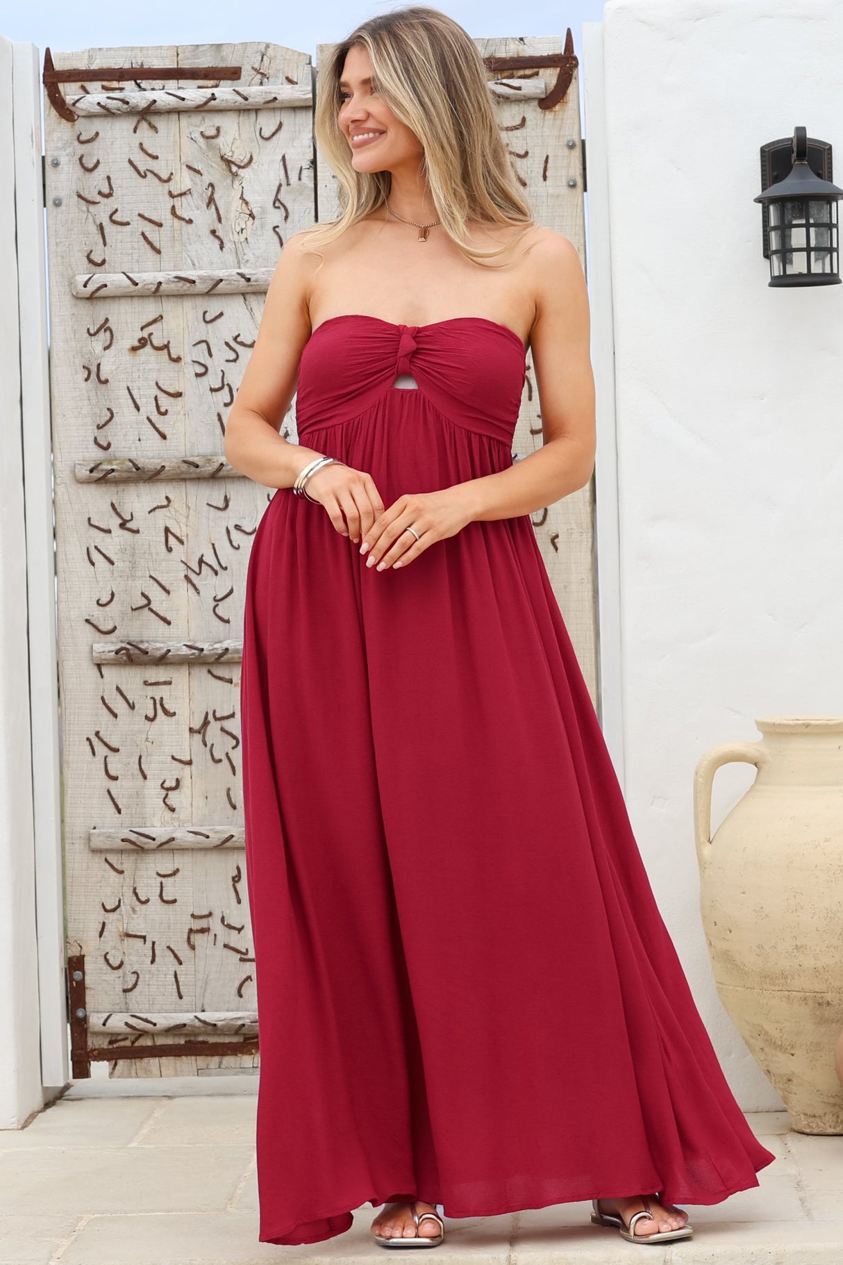 Moira Maxi Dress - Twist Front Keyhole Detail Sun Dress with Optional Straps in Red