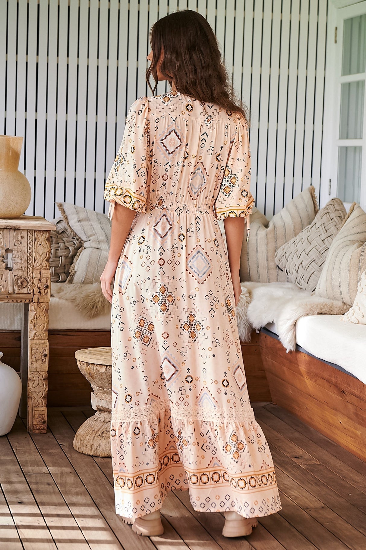 JAASE - Molli Maxi Dress: Button Down A-Line Dress with Tied Sleeves in Elsie Print