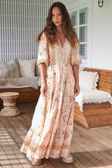 Molli Maxi Dress - Button Down A-Line Dress with Tied Sleeves in Elsie Print