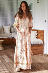 JAASE - Molli Maxi Dress: Button Down A-Line Dress with Tied Sleeves in Elsie Print