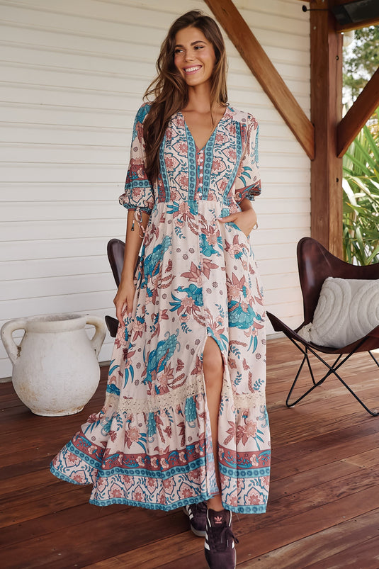 JAASE - Molli Maxi Dress: Button Down A-Line Dress with Tied Sleeves in Symphony Print