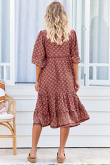 JAASE - Monday Midi Dress: V Neck Crochet Bustline Smock Dress with Balloon Sleeves in Coral Eden Print