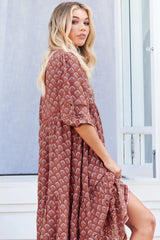 JAASE - Monday Midi Dress: V Neck Crochet Bustline Smock Dress with Balloon Sleeves in Coral Eden Print