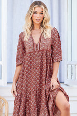 JAASE - Monday Midi Dress: V Neck Crochet Bustline Smock Dress with Balloon Sleeves in Coral Eden Print
