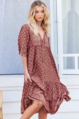 JAASE - Monday Midi Dress: V Neck Crochet Bustline Smock Dress with Balloon Sleeves in Coral Eden Print