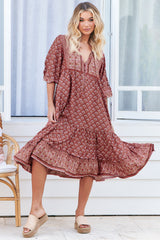 JAASE - Monday Midi Dress: V Neck Crochet Bustline Smock Dress with Balloon Sleeves in Coral Eden Print