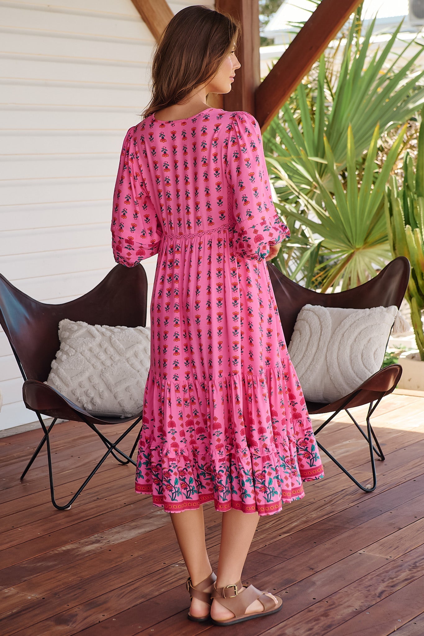 JAASE - Monday Midi Dress: V Neck Crochet Bustline Smock Dress with Balloon Sleeves in Raspberry Romance