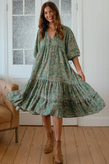 JAASE - Monday Midi Dress: V Neck Crochet Bustline Smock Dress with Balloon Sleeves in Sagewood Print