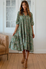 JAASE - Monday Midi Dress: V Neck Crochet Bustline Smock Dress with Balloon Sleeves in Sagewood Print