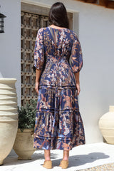 Mondelo Maxi Dress - Pleated Detailed A-Line Dress with 3/4 Balloon Sleeves in Belle Print Navy