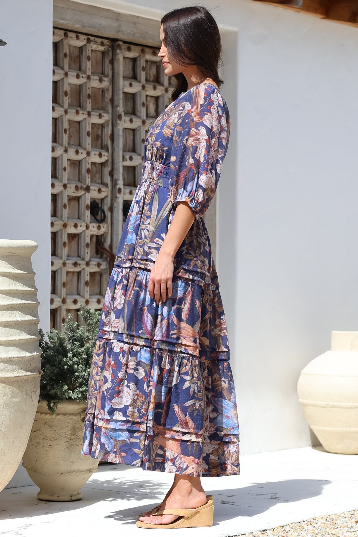 Mondelo Maxi Dress - Pleated Detailed A-Line Dress with 3/4 Balloon Sleeves in Belle Print Navy