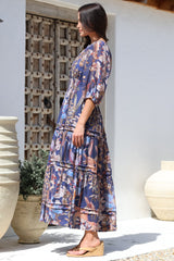 Mondelo Maxi Dress - Pleated Detailed A-Line Dress with 3/4 Balloon Sleeves in Belle Print Navy