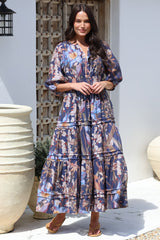 Mondelo Maxi Dress - Pleated Detailed A-Line Dress with 3/4 Balloon Sleeves in Belle Print Navy