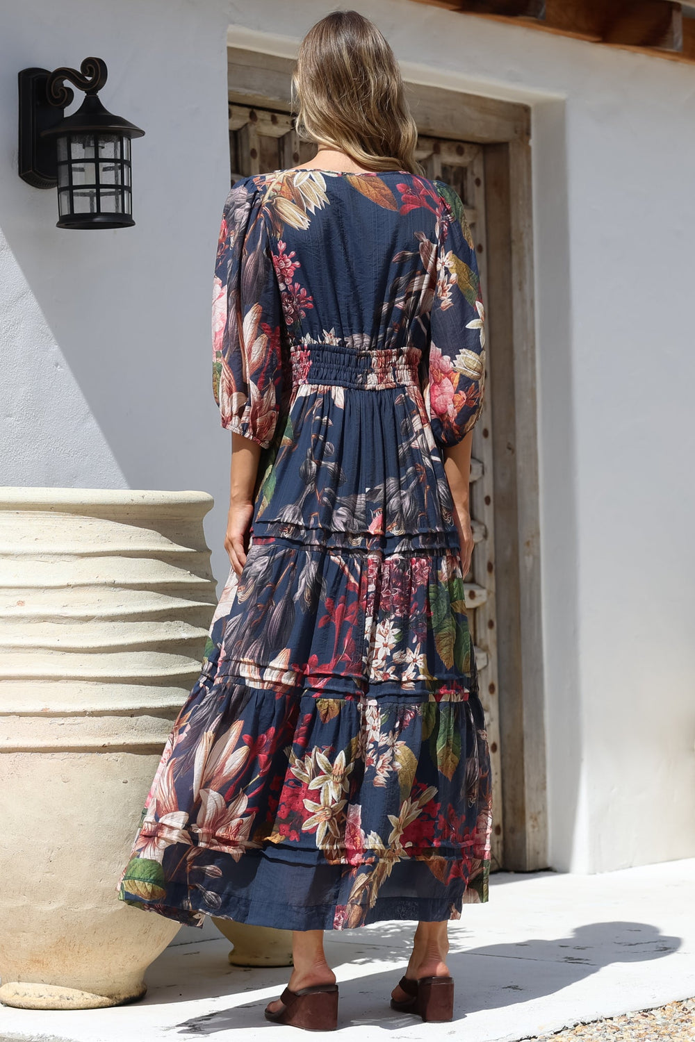 Mondelo Maxi Dress - Pleated Detailed A-Line Dress with 3/4 Balloon Sleeves in Leonor Print Navy
