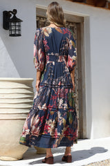 Mondelo Maxi Dress - Pleated Detailed A-Line Dress with 3/4 Balloon Sleeves in Leonor Print Navy