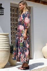 Mondelo Maxi Dress - Pleated Detailed A-Line Dress with 3/4 Balloon Sleeves in Leonor Print Navy