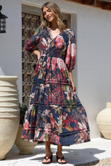 Mondelo Maxi Dress - Pleated Detailed A-Line Dress with 3/4 Balloon Sleeves in Leonor Print Navy