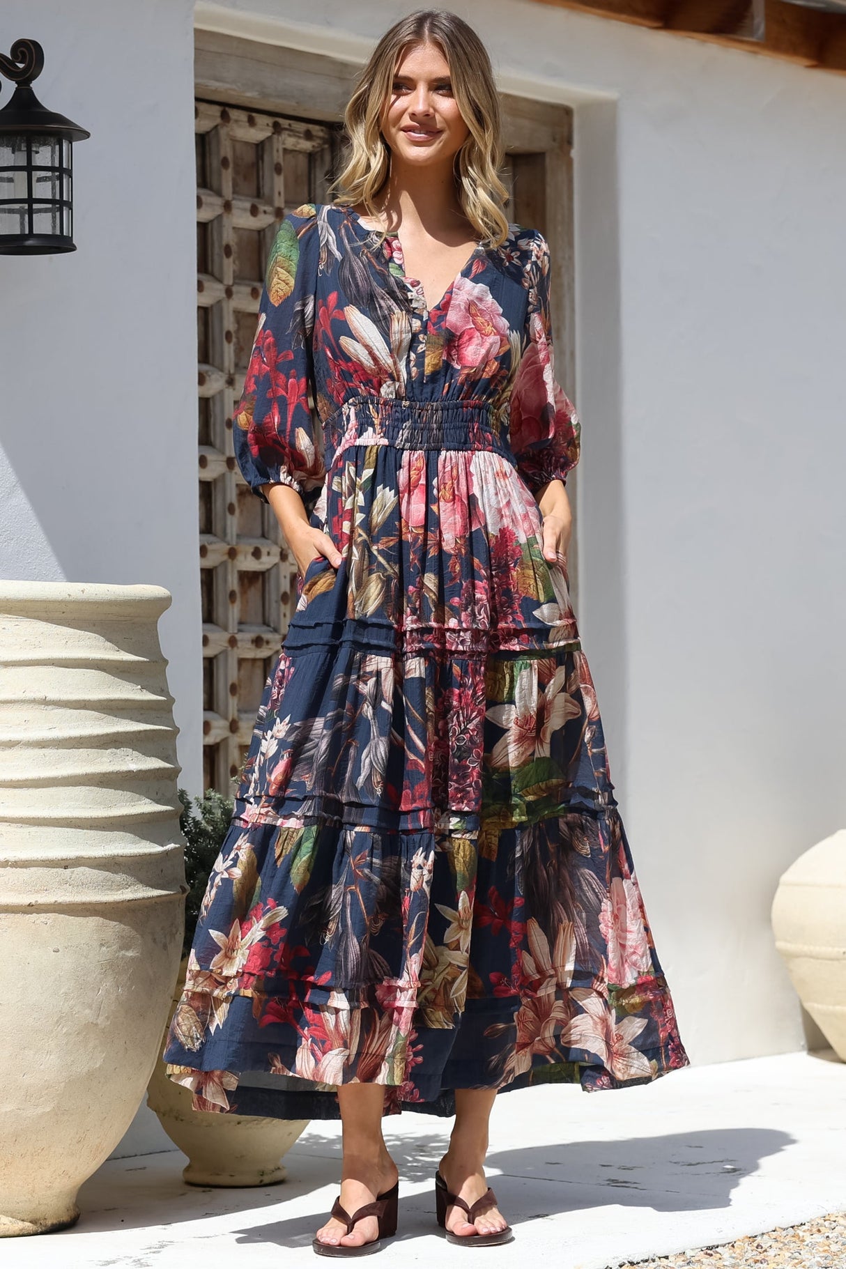 Mondelo Maxi Dress - Pleated Detailed A-Line Dress with 3/4 Balloon Sleeves in Leonor Print Navy