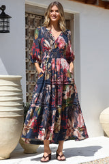 Mondelo Maxi Dress - Pleated Detailed A-Line Dress with 3/4 Balloon Sleeves in Leonor Print Navy