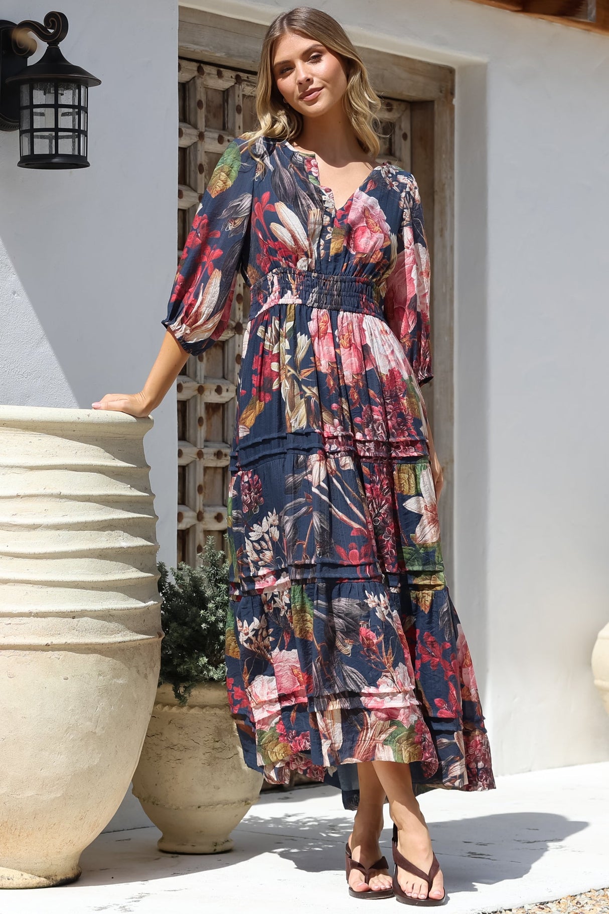 Mondelo Maxi Dress - Pleated Detailed A-Line Dress with 3/4 Balloon Sleeves in Leonor Print Navy
