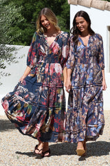 Mondelo Maxi Dress - Pleated Detailed A-Line Dress with 3/4 Balloon Sleeves in Leonor Print Navy