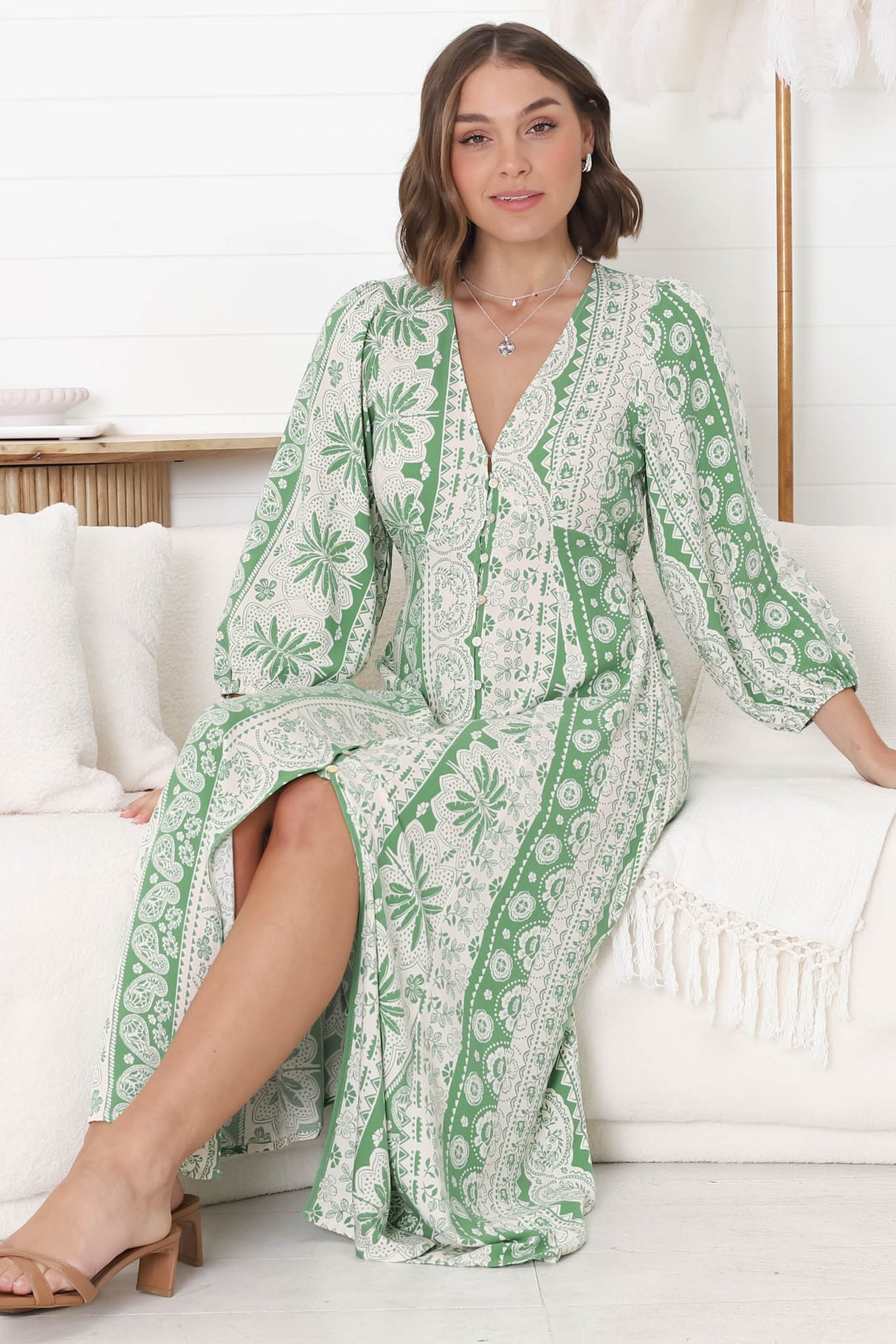 Monette Maxi Dress - Deep V Neck Button Down Dress with Balloon Sleeves in Adilla Print