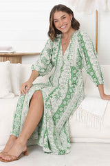 Monette Maxi Dress - Deep V Neck Button Down Dress with Balloon Sleeves in Adilla Print