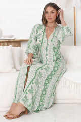 Monette Maxi Dress - Deep V Neck Button Down Dress with Balloon Sleeves in Adilla Print