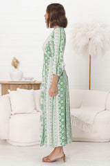 Monette Maxi Dress - Deep V Neck Button Down Dress with Balloon Sleeves in Adilla Print