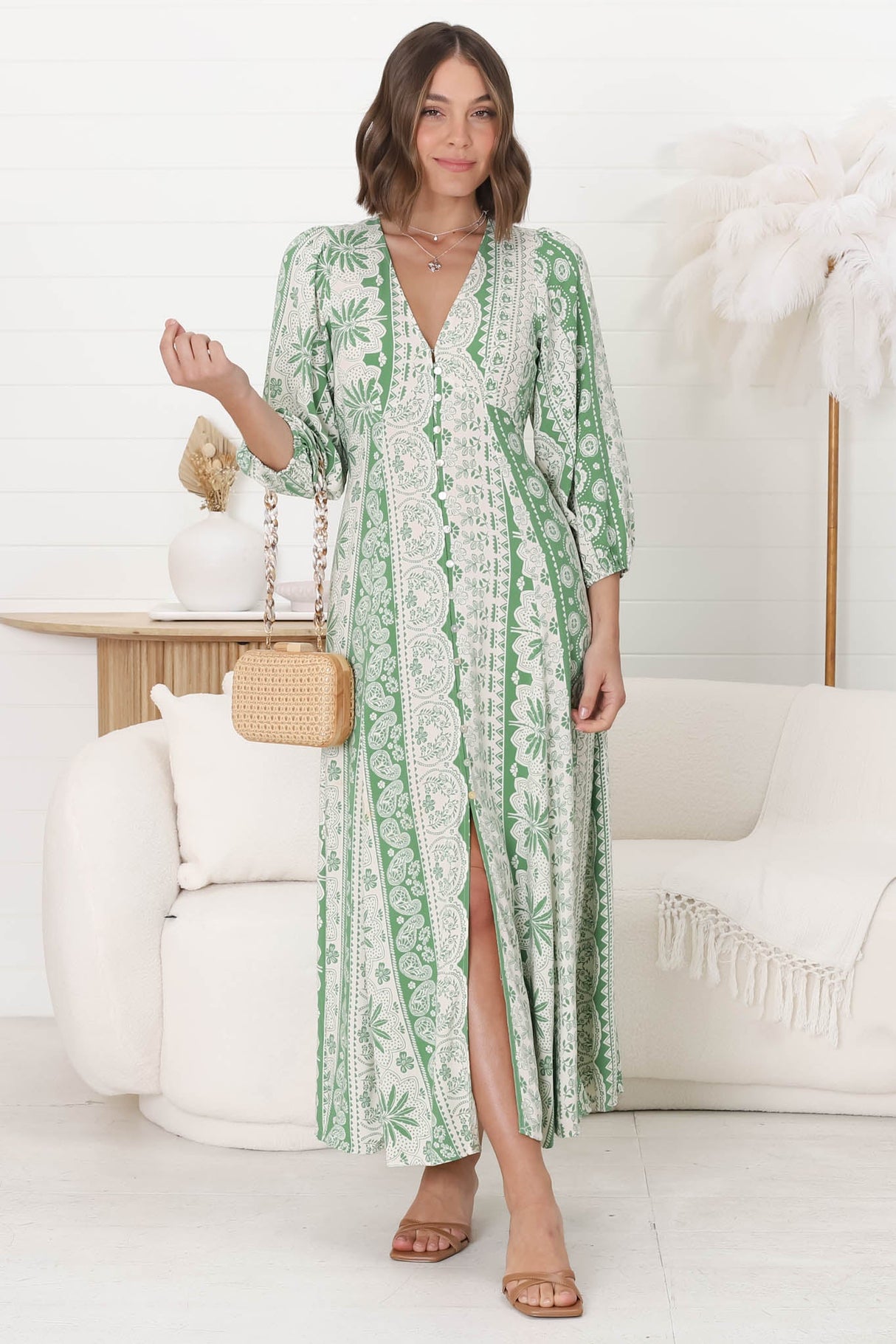 Monette Maxi Dress - Deep V Neck Button Down Dress with Balloon Sleeves in Adilla Print