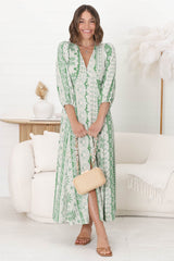 Monette Maxi Dress - Deep V Neck Button Down Dress with Balloon Sleeves in Adilla Print