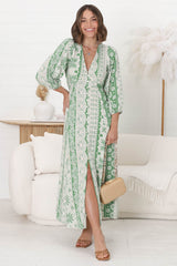 Monette Maxi Dress - Deep V Neck Button Down Dress with Balloon Sleeves in Adilla Print