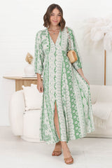 Monette Maxi Dress - Deep V Neck Button Down Dress with Balloon Sleeves in Adilla Print