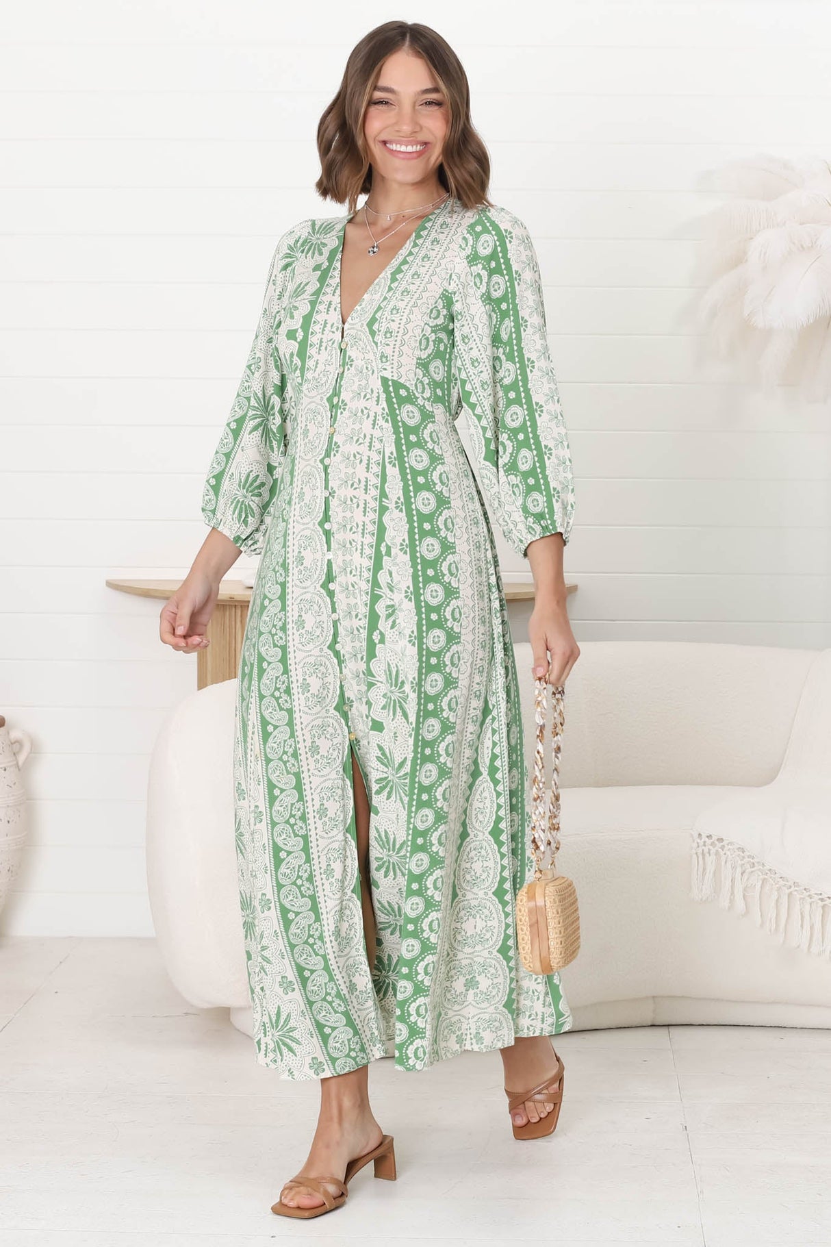 Monette Maxi Dress - Deep V Neck Button Down Dress with Balloon Sleeves in Adilla Print