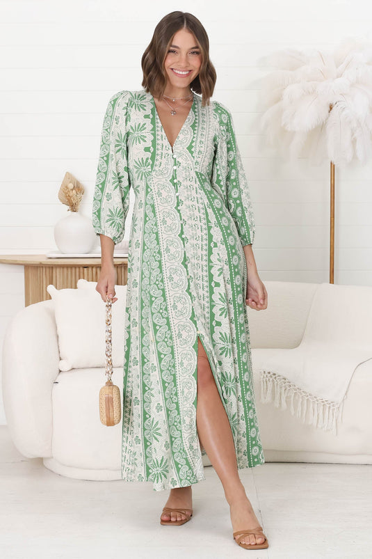 Monette Maxi Dress - Deep V Neck Button Down Dress with Balloon Sleeves in Adilla Print