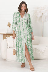 Monette Maxi Dress - Deep V Neck Button Down Dress with Balloon Sleeves in Adilla Print